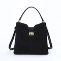 Elegante borsa a mano in pelle scamosciata nera con fibbia dorata e base rigida - Nero