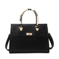 Black pebbled tote bag with snake-embossed handles and golden metallic turn-lock - Leopard Print