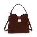 Borsa a mano in pelle scamosciata marrone scuro con chiusura dorata e tracolla in pelle - caffè