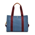 Bolso tote denim azul con asas de rayas rojas y elegante logotipo metálico dorado - Azul oscuro