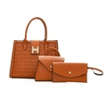 Brown faux crocodile leather tote bag set for women with three pieces and golden H-buckle - Brown