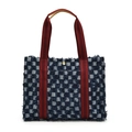 Bolso tote de cuadros con bordes deshilachados y asas a rayas rojas y blancas - Cuadros Azul