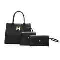 3-piece black croc-embossed tote bag set with golden H-buckle and matching pouches - Black