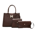 Three-piece set of dark brown crocodile-embossed tote bags with golden H-lock buckle - Coffee