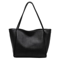 Schicke schwarze gewebte Shopper-Tasche mit Gitterstruktur und Leder-Schultergurten - Schwarz