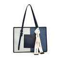 Bolso tote grande de lona bicolor con ribete de cuero y cinta decorativa moderna - Azul Claro y Blanco