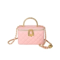 Pink quilted crossbody bag with gold chain strap and camellia charm accent - Pink