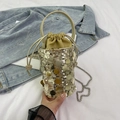 Sparkly gold paillette bucket bag for women with drawstring lining and chain strap - Gold