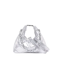 Futuristic silver quilted hobo bag with metal chain handle and adjustable strap - Silver