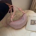 Pink rhinestone crescent shoulder bag with knotted strap and sparkling crystal finish - Pink