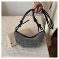 Sparkling silver rhinestone crescent handbag with black knotted strap and luxury finish - Silver