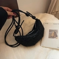 Black crescent moon shoulder bag with sparkling rhinestones and knotted leather strap - Black