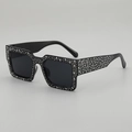 Rectangle punk sunglasses in black frame with sparkling silver rhinestones on the sides - Black Frame Grey Lens