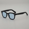 Classic round matte black sunglasses with translucent blue lenses and silver rivets - Black Frame Blue Lens