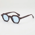 Retro geometric sunglasses with brown frame and light blue lenses featuring metal rivets - Bordeaux Frame Blue Lens