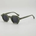 Olive green geometric thick frame sunglasses with dark grey lenses and metal rivets - Green Frame Grey Lens