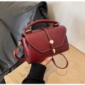 Retro burgundy square handbag with white contrast stitching and gold metal buckle detail - Burgundy