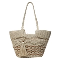 Beigefarbene und hellbraune gewebte Handtasche mit Fransenquaste und Holzperlen-Detail - Stil 1 Cremeweiß