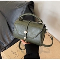 Dark green oil-wax leather small square bag with gold buckle and top handle design - Dark Green