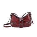 Deep red crocodile embossed crescent shoulder bag with silver buckle on white background - Red