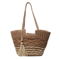 Boho-Stroh-Tote-Tasche in Beige und Weiß mit Quasten-Detail und dekorativen Holzperlen - Braun (Stil 1)