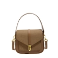 Brown patchwork saddle bag with smooth leather and woven texture in vintage style - Khaki