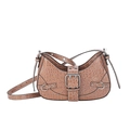 Brown crocodile embossed leather baguette bag with silver buckle and adjustable shoulder strap - Khaki