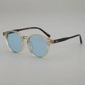 Retro oval sunglasses with champagne frames, light blue lenses and tortoiseshell temples - Transparent Yellow Frame Blue Lens
