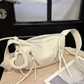 Chic beige crossbody bag with long tassels, heart mirror charm and wide shoulder strap - White
