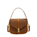 Brown vintage style saddle bag with textured fabric patchwork and gold metal clasp - Brown