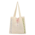 Knitted crossbody bag in cream white weave with colorful embroidery and a pink bow - Off-white with Horizontal Color Lines and Bow
