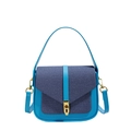Blue patchwork faux leather and denim saddle bag with gold hardware and top handle - Blue