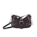 Dark brown crocodile embossed crescent shoulder bag with glossy finish and silver buckles - Brown