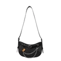 Borsa a mezzaluna in denim grigio scuro con doppia catena argentata e finiture in pelle - Nero