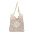 Creamy beige knit crochet tote bag with pink 3D ribbon bows for women's casual style - Off-white with Pink Bows