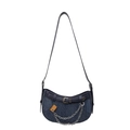 Borsa a mezzaluna in denim blu scuro con cinturino in pelle e catena in metallo - Blu scuro