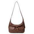 Borsa hobo vintage in pelle PU marrone con tasche anteriori e texture invecchiata - Marrone