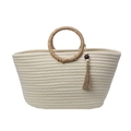 Boho-Stil cremefarbene gewebte Tragetasche mit rundem Griff und Holzperlen-Quasten-Dekor - Beige