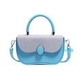 Blue crossbody box bag for women with textured patchwork flap and silver hardware - Blue