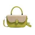 Green leather and straw patchwork crossbody box bag with silver oval metal buckle - Lime Green Woven Patchwork