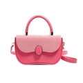 Pink leather handbag with textured red and white woven flap and silver metal buckle - Bright Pink Striped Patchwork