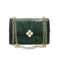 Deep green snakeskin textured crossbody bag with double gold chain straps and diamond buckle - Green