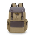 Retro khaki canvas backpack with brown leather trim and drawstring closure in a front view - Khaki