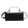 Classic black crocodile pattern handbag with gold metal handle and shoulder strap - Black