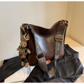 Dark brown retro bucket bag with ethnic woven strap and cute rabbit plush charm - Coffee (With Pendant)