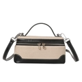 Borsa a mano in tela beige e pelle nera con cuciture bianche e tracolla regolabile - Nero
