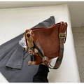 Brown matte leather bucket bag with ethnic embroidery strap and cute rabbit pendant charm - Brown (With Charm)