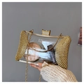 Detail der luxuriösen transparenten Acryl-Abendtasche mit goldfarbenem Strass-Besatz - Gold