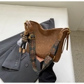 Brown bucket bag with ethnic embroidery strap and a cute rabbit plush pendant accessory - Khaki (With Charm)