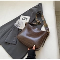 Dark brown retro bucket bag with colorful woven wide shoulder strap on blazer - Coffee